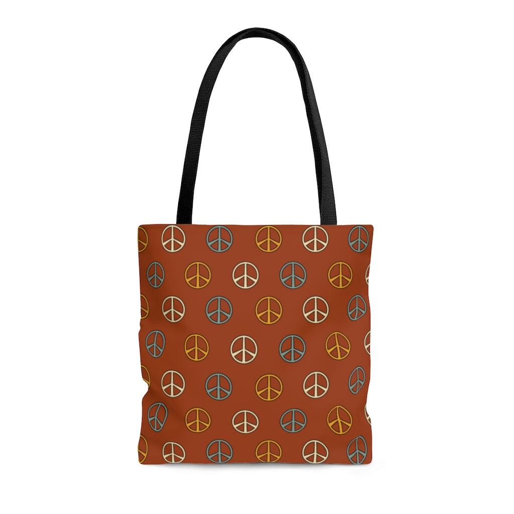 Boho Peace Sign Rust Color Hippie MCM Tote Bag | lovevisionkarma.com