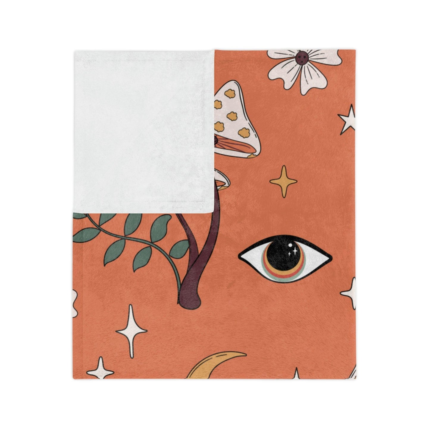 Boho Mushroom, Eye, Sun, Moon & Stars MCM Coral Orange Velveteen Minky Blanket | lovevisionkarma.com