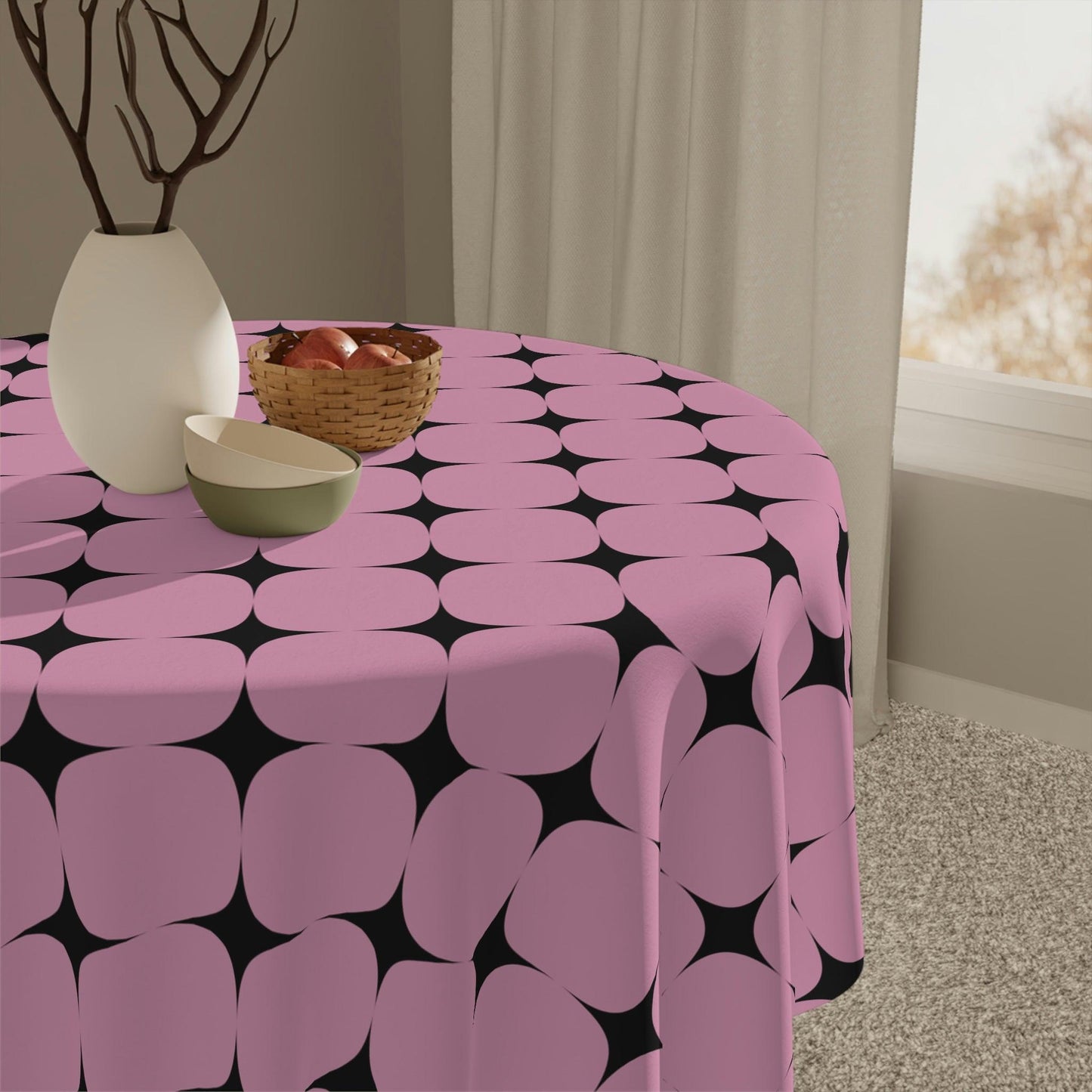 Retro 50s Atomic Starbursts Black and Pink MCM Tablecloth | lovevisionkarma.com
