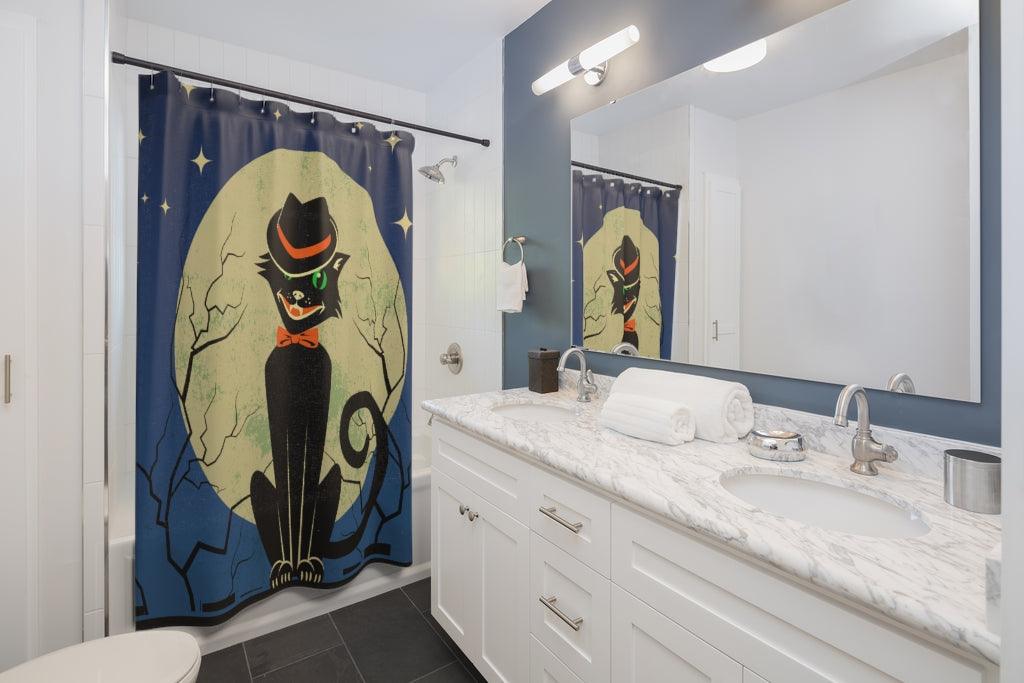 Atomic Black Cat Vintage Style MCM Halloween Shower Curtain | lovevisionkarma.com