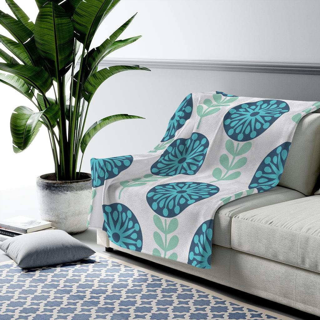 Scandinavian Mid Century Danish Floral Blue Dandelion Lightweight Velveteen Blanket | lovevisionkarma.com