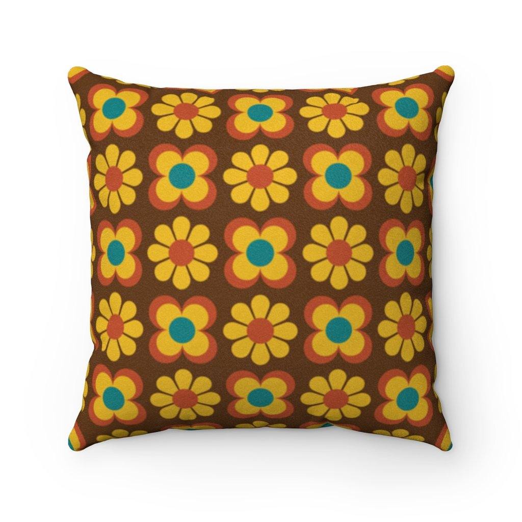 Retro 70s Mod Flowers Yellow & Brown MCM Pillow | lovevisionkarma.com
