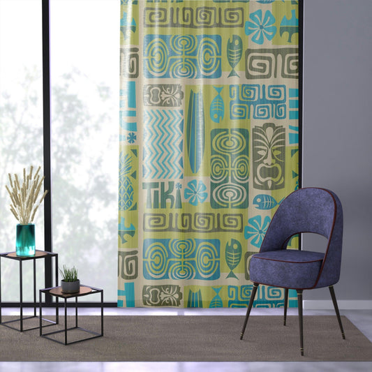Retro 60's Tiki MCM Green and Blue Sheer Window Curtain | lovevisionkarma.com