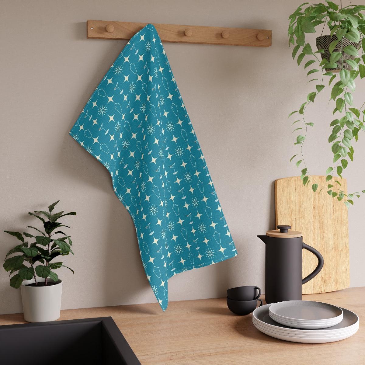 Retro Atomic Burst, Martini & Shaker MCM Blue Tea Towel | lovevisionkarma.com