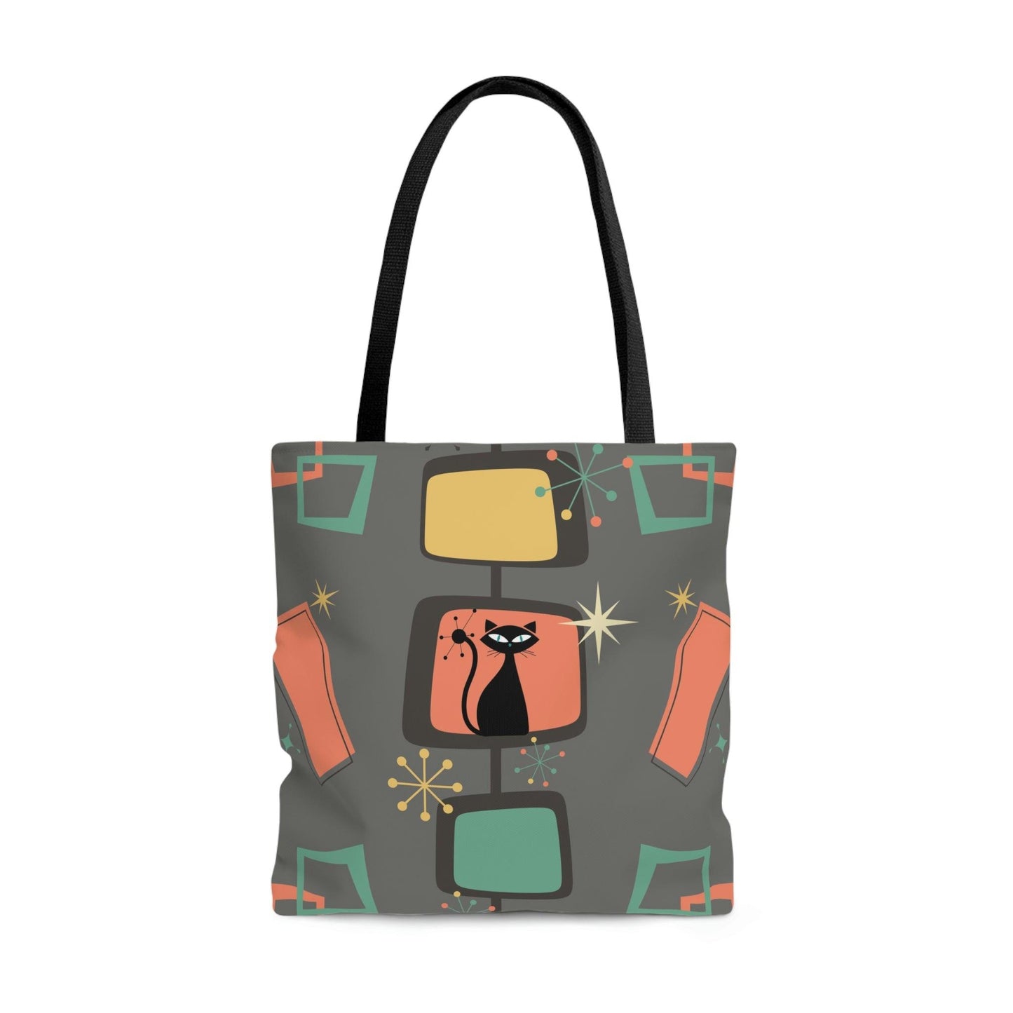 Retro Atomic Cat & Starburst MCM Gray & Coral Tote Bag | lovevisionkarma.com