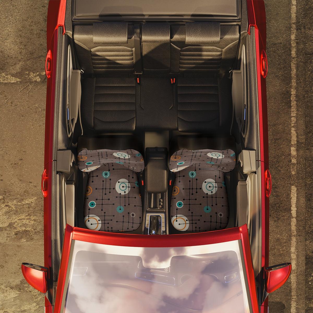 Mid Century Modern Lines & Circles Brown Retro Style Car Seat Covers | lovevisionkarma.com