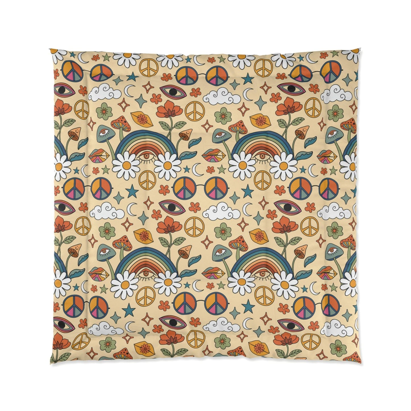 Boho Trippy Mushroom, Rainbow & Eye Hippie Cottagecore MCM Comforter | lovevisionkarma.com