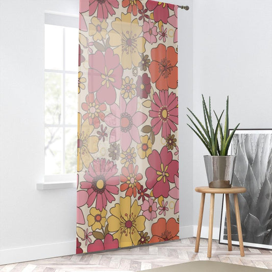Retro Mid Century Flowers Pink, Yellow & Orange Sheer Window Curtain | lovevisionkarma.com