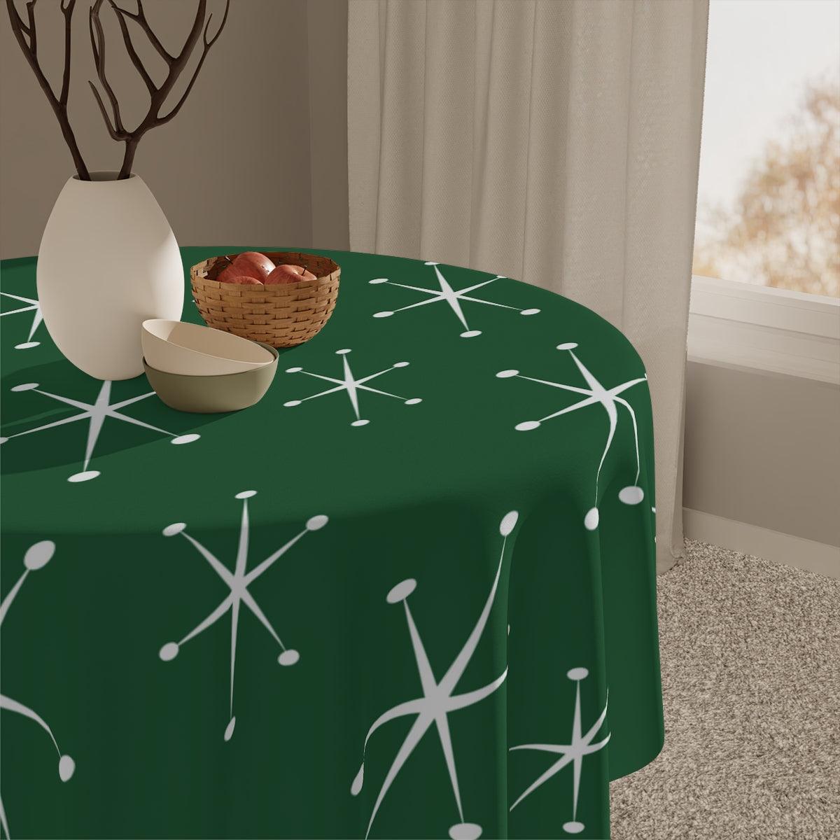 Atomic Starburst Retro 50s Festive Green MCM Tablecloth | lovevisionkarma.com