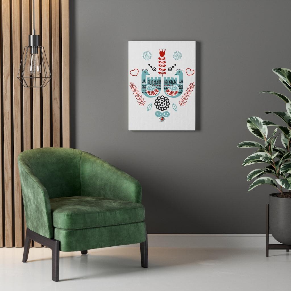 Scandinavian Nordic Folk Art Blue & Red Love Birds Canvas Gallery Wrap | lovevisionkarma.com
