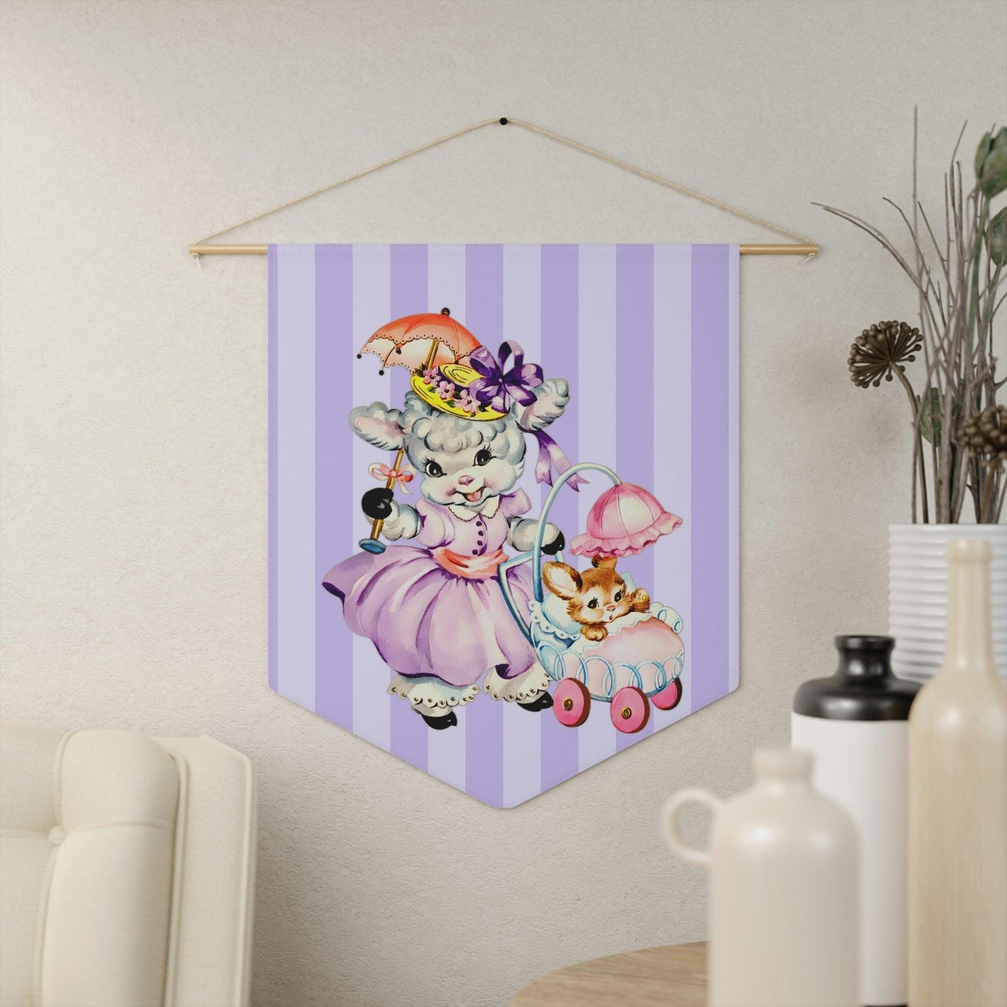 Vintage Kitsch Lamb & Bunny Easter MCM Purple Wall Pennant | lovevisionkarma.com