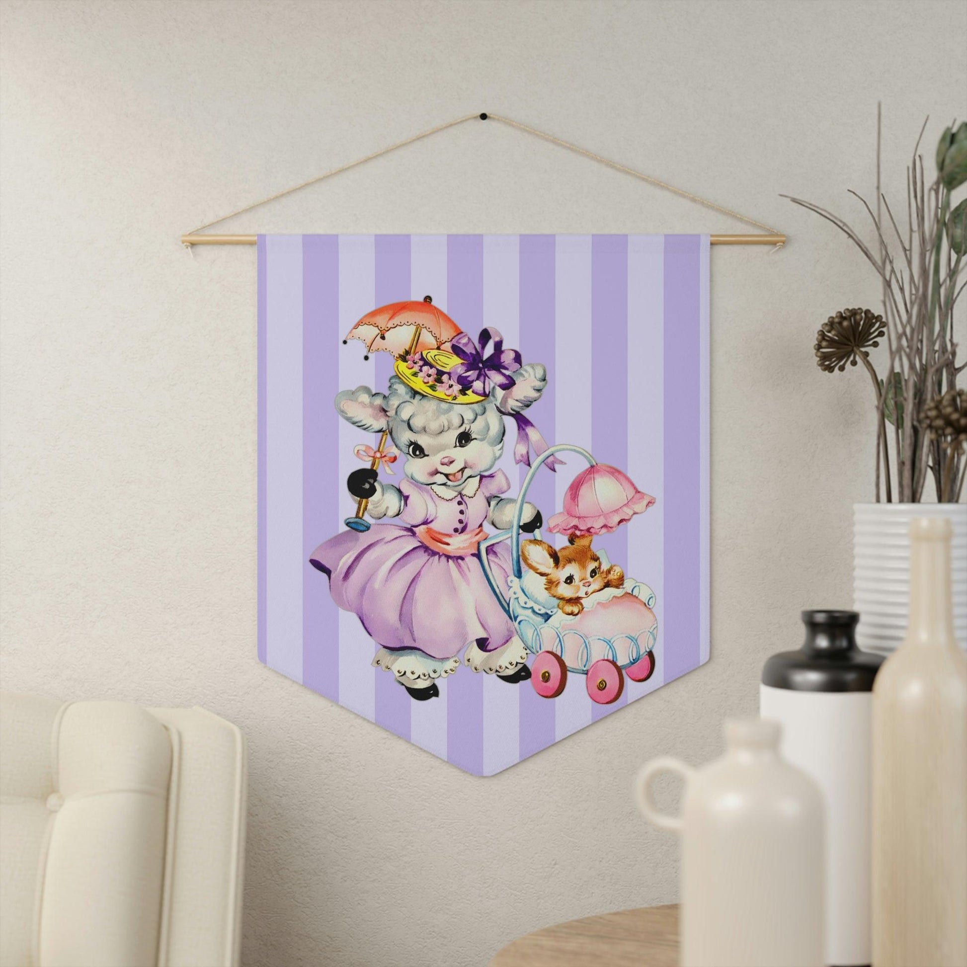 Vintage Kitsch Lamb & Bunny Easter MCM Purple Wall Pennant | lovevisionkarma.com