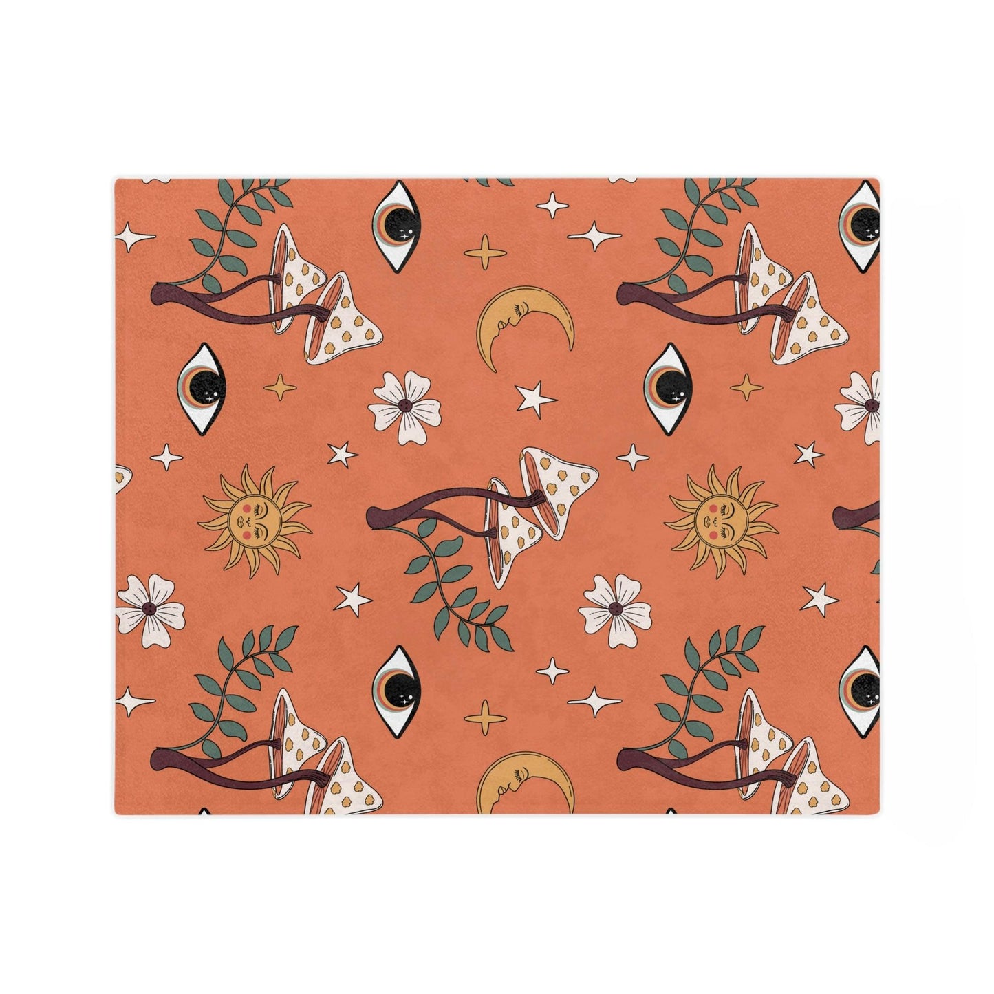 Boho Mushroom, Eye, Sun, Moon & Stars MCM Coral Orange Velveteen Minky Blanket | lovevisionkarma.com