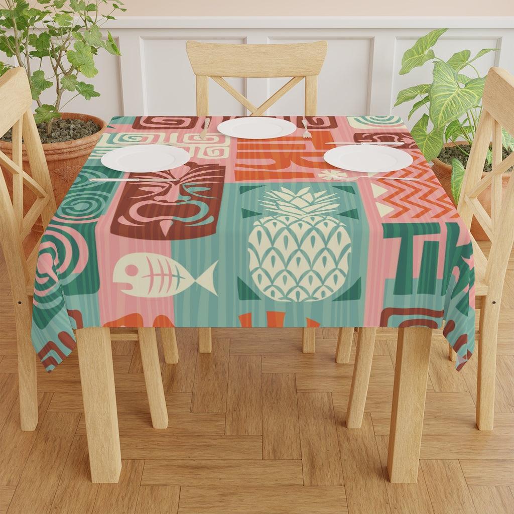Mid Century Mod Retro Tiki Green and Pink Tablecloth | lovevisionkarma.com