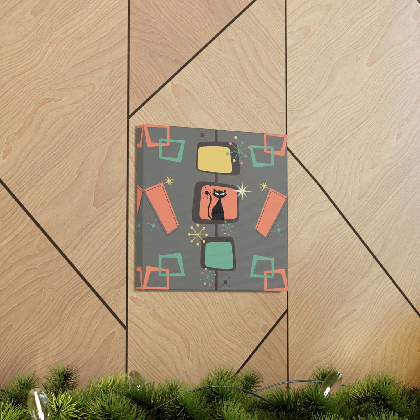 Retro Atomic Cat Mid Century Burst Chic Coral & Gray Canvas Gallery Wrap | lovevisionkarma.com