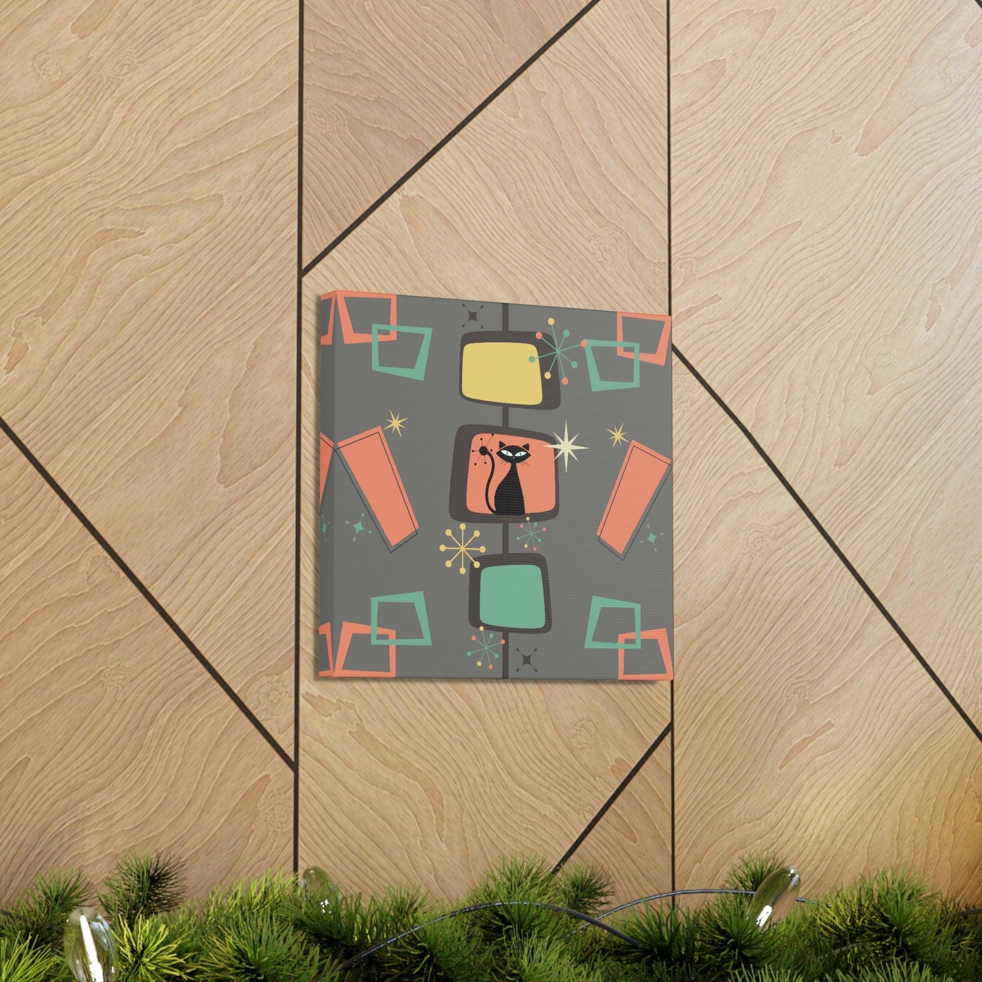 Retro Atomic Cat Mid Century Burst Chic Coral & Gray Canvas Gallery Wrap | lovevisionkarma.com