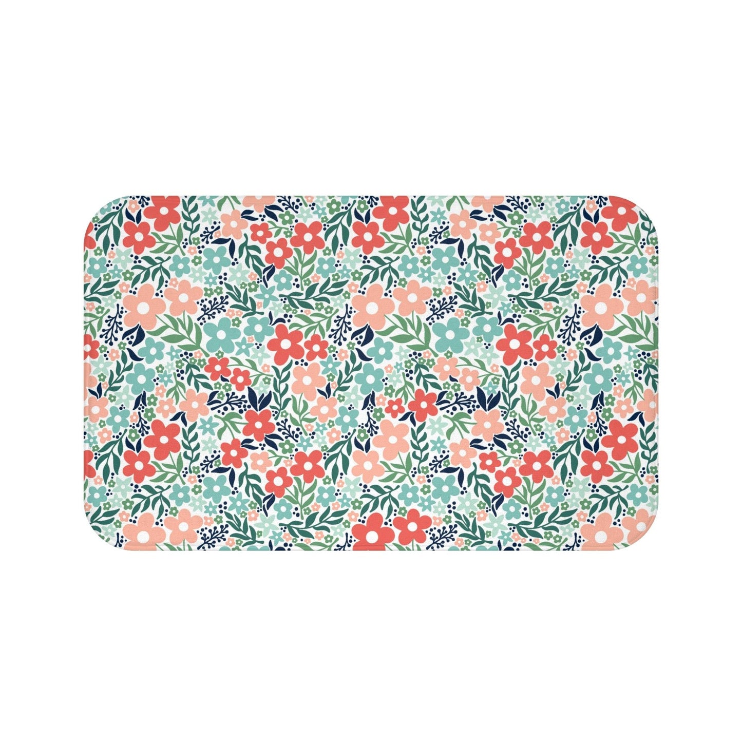 Retro Vintage Inspired Floral Minimalist Cottagecore Coral & Teal Bath Mat | lovevisionkarma.com
