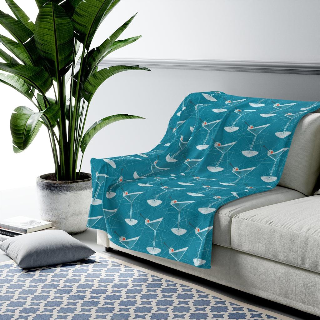 Retro Mid Century Martini Blue Lightweight Velveteen Blanket | lovevisionkarma.com