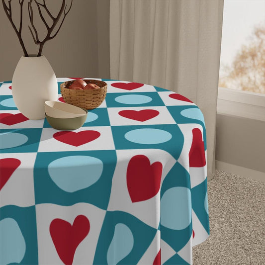 Retro Valentine Hearts & Circles Red, Blue & White Tablecloth | lovevisionkarma.com