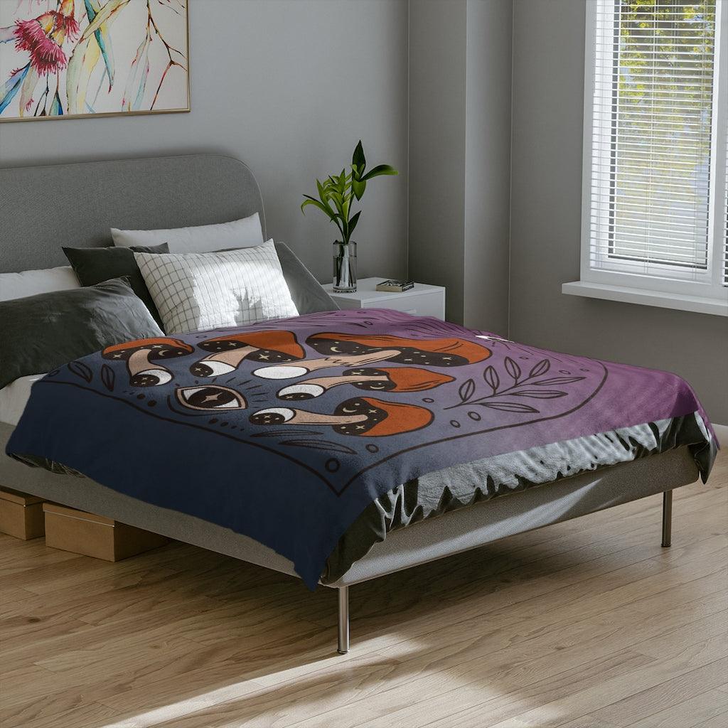 Boho Mushroomcore & Celestial Witchcore Velveteen Minky Blanket | lovevisionkarma.com
