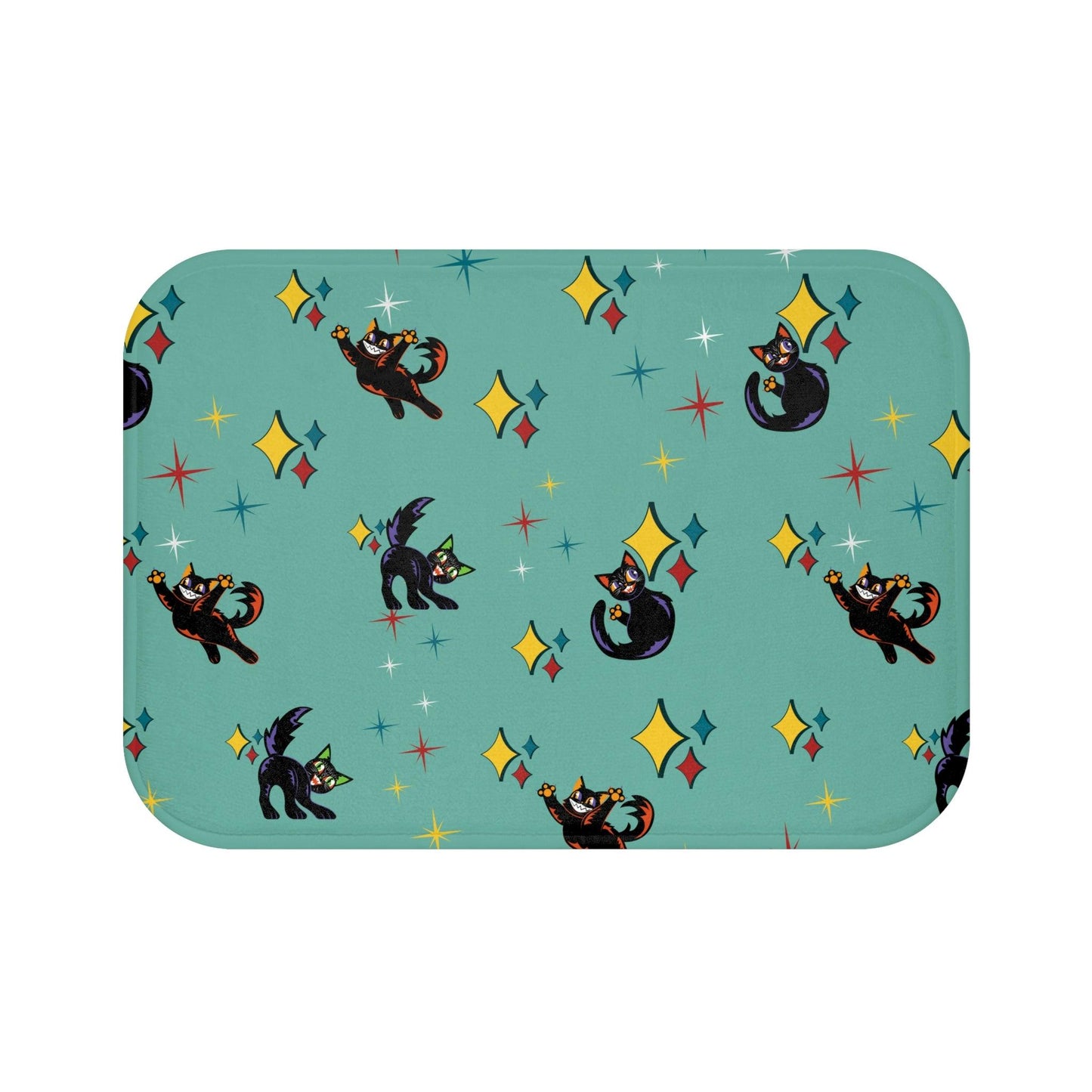 Retro Atomic Kitsch Cats Mid Century Mod Blue Bath Mat | lovevisionkarma.com