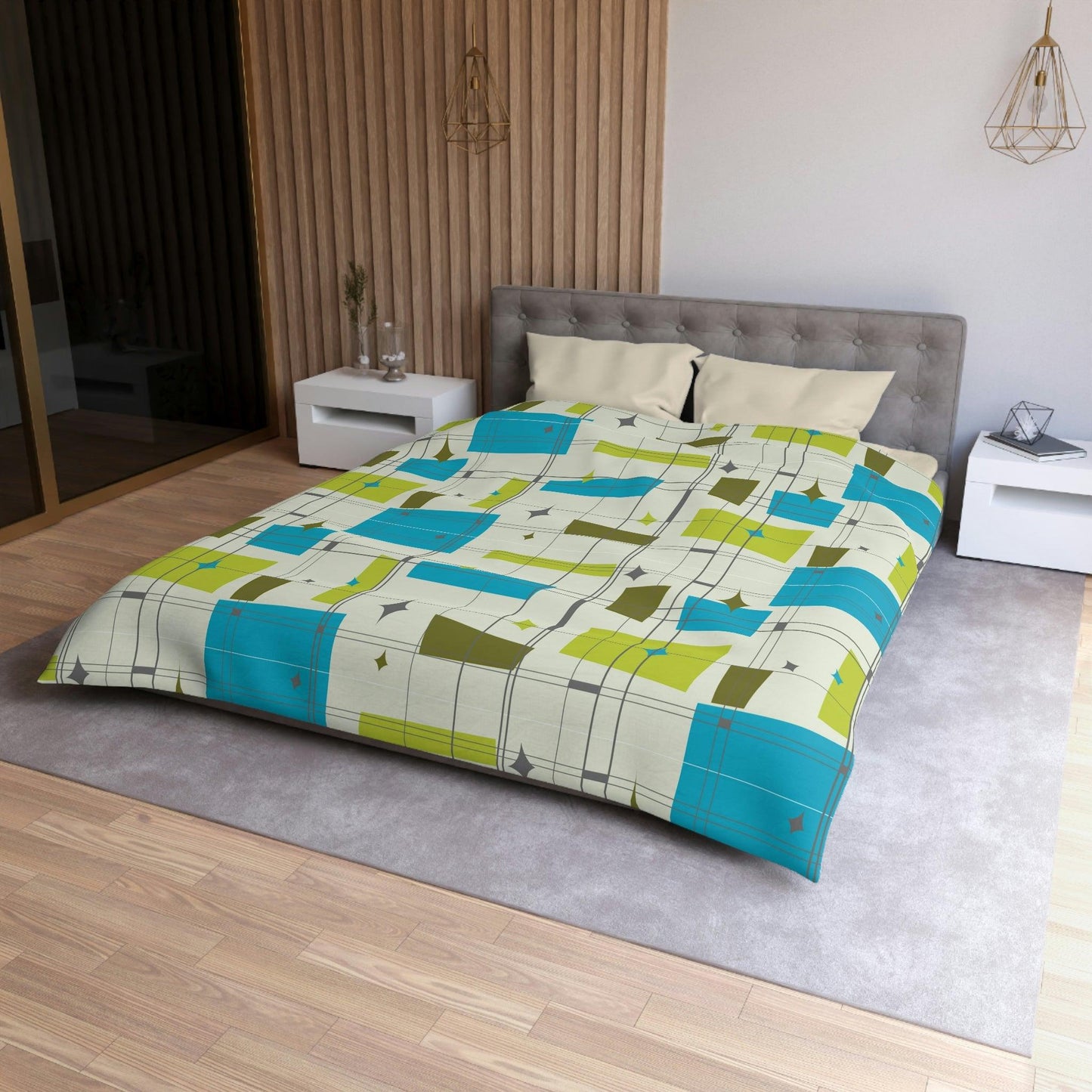 Retro 1950's Abstract Blue & Green Mid Century Modern Duvet Cover | lovevisionkarma.com