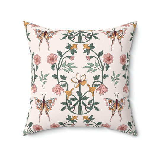 Boho Chic Florals and Moth Cottagecore Multicolor Throw Pillow | lovevisionkarma.com