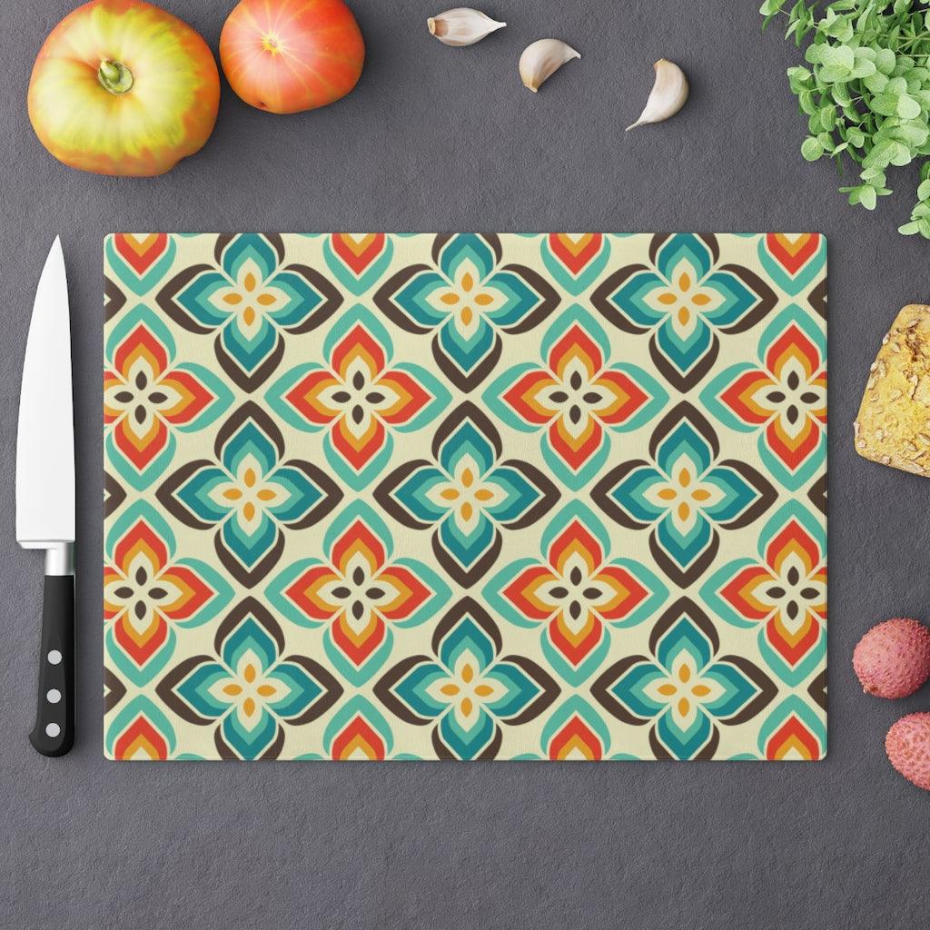 Retro Mid Century Mod Multicolor Floral Glass Cutting Board | lovevisionkarma.com