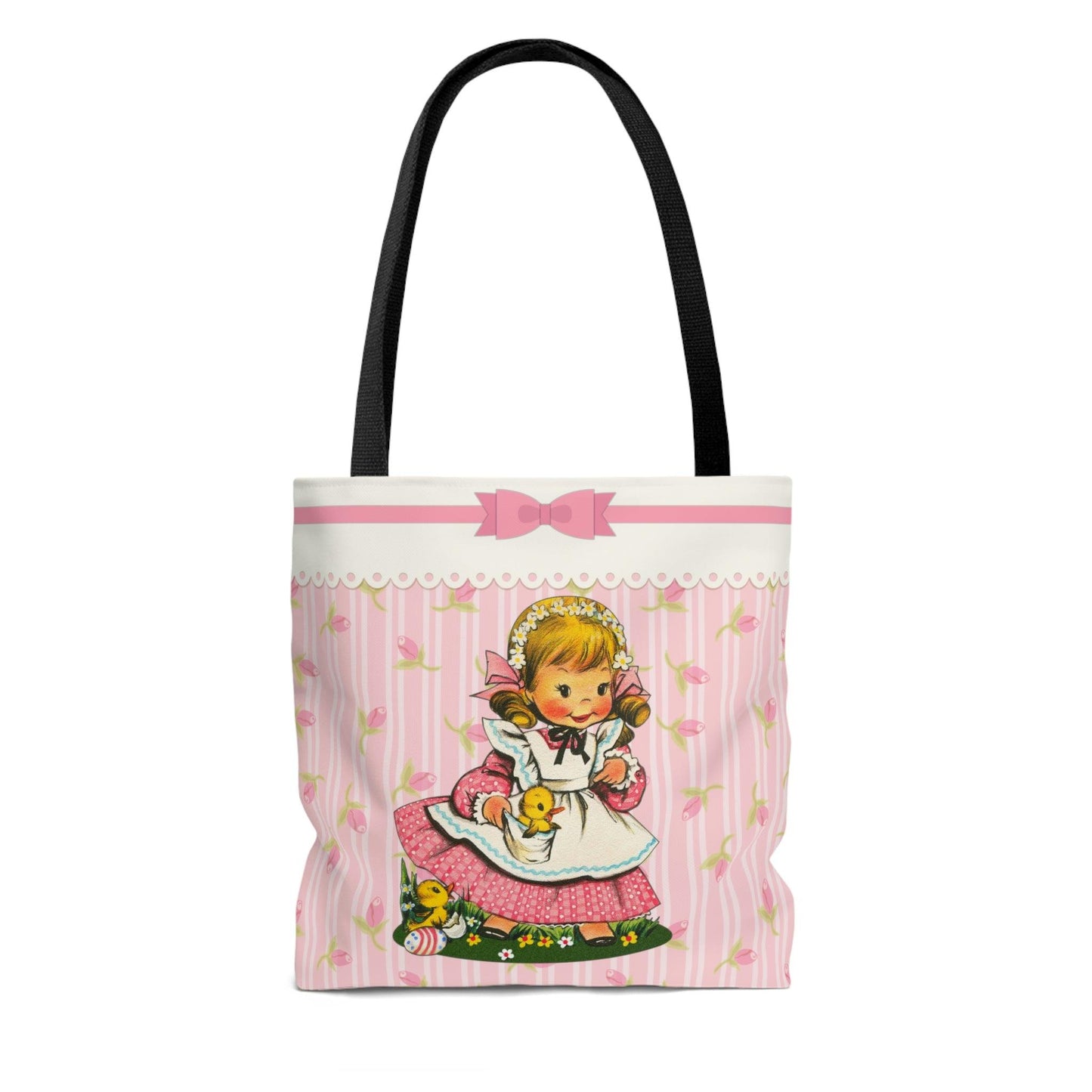 Vintage Kitsch Girl with Chicks MCM Easter Pink Tote Bag | lovevisionkarma.com