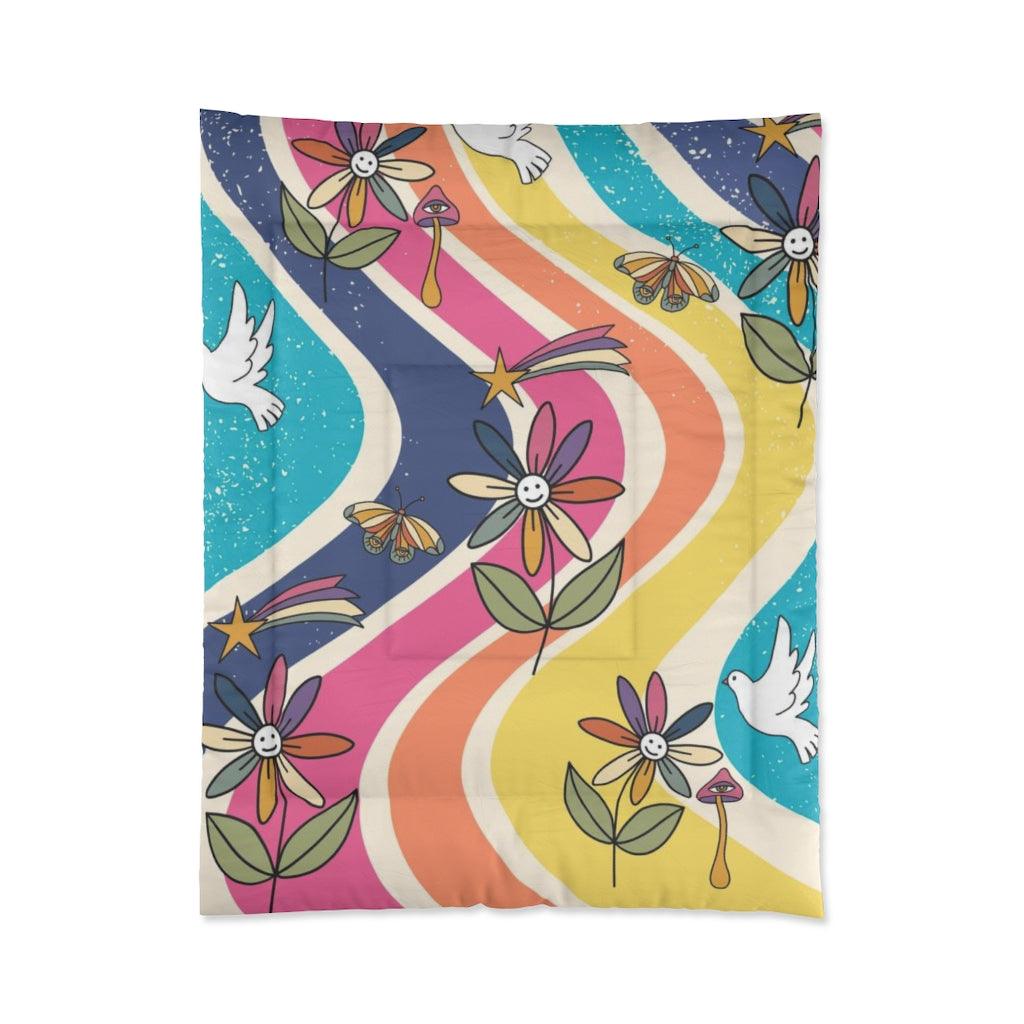 Groovy Hippie Flowers & Boho Mushrooms Colorful Comforter | lovevisionkarma.com