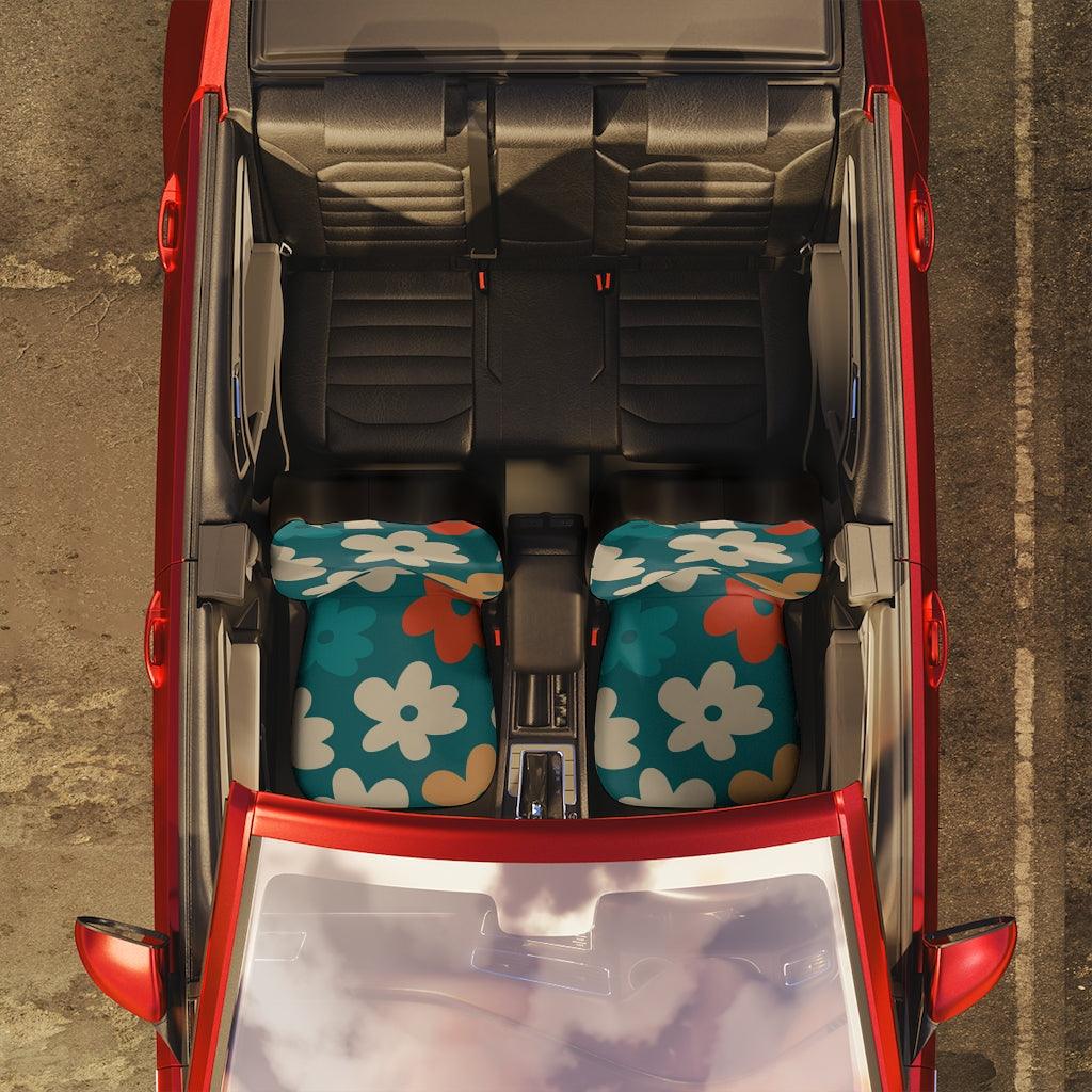 Retro Boho Flowers Teal, Orange & Yellow MCM Car Seat Covers | lovevisionkarma.com
