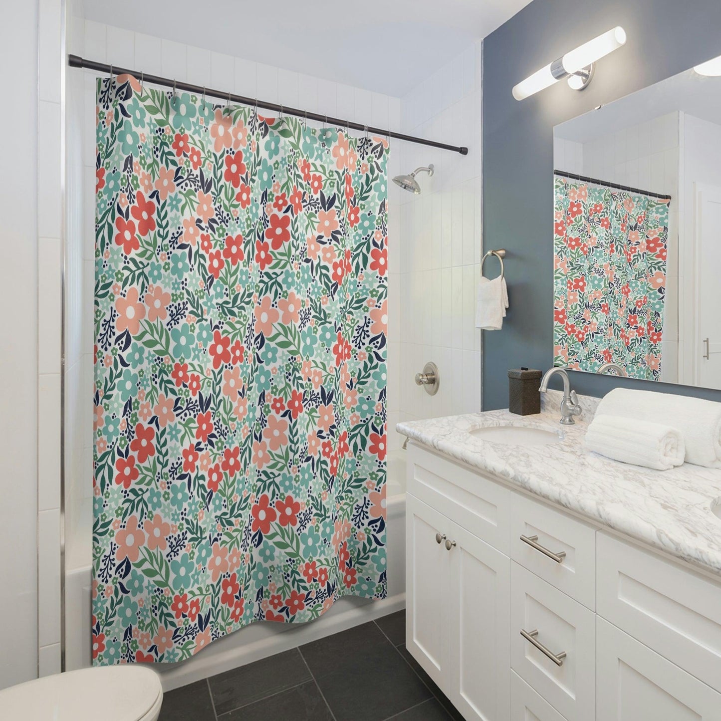 Minimalist Retro Floral Vintage Inspired Coral and Teal MCM Shower Curtain | lovevisionkarma.com