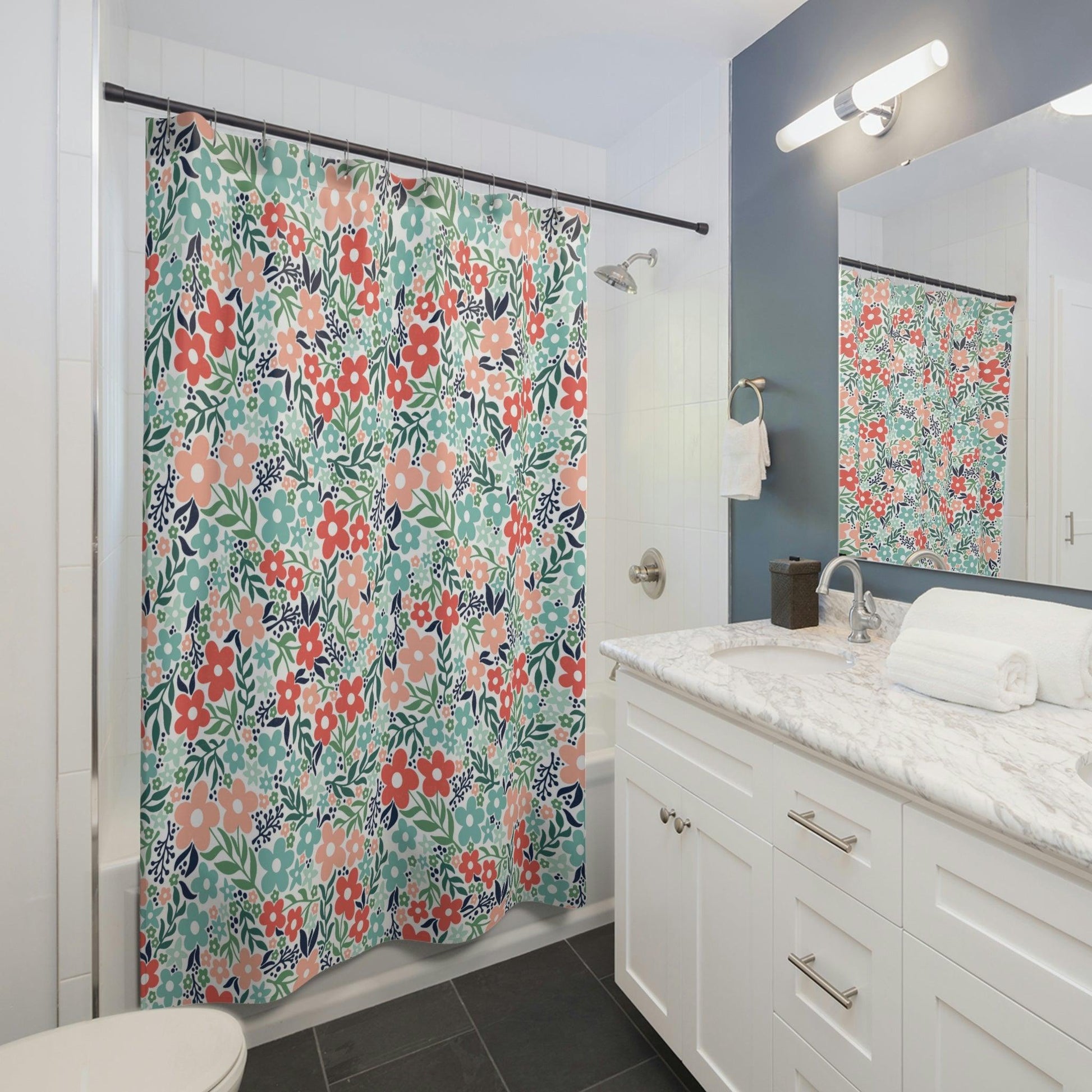 Minimalist Retro Floral Vintage Inspired Coral and Teal MCM Shower Curtain | lovevisionkarma.com