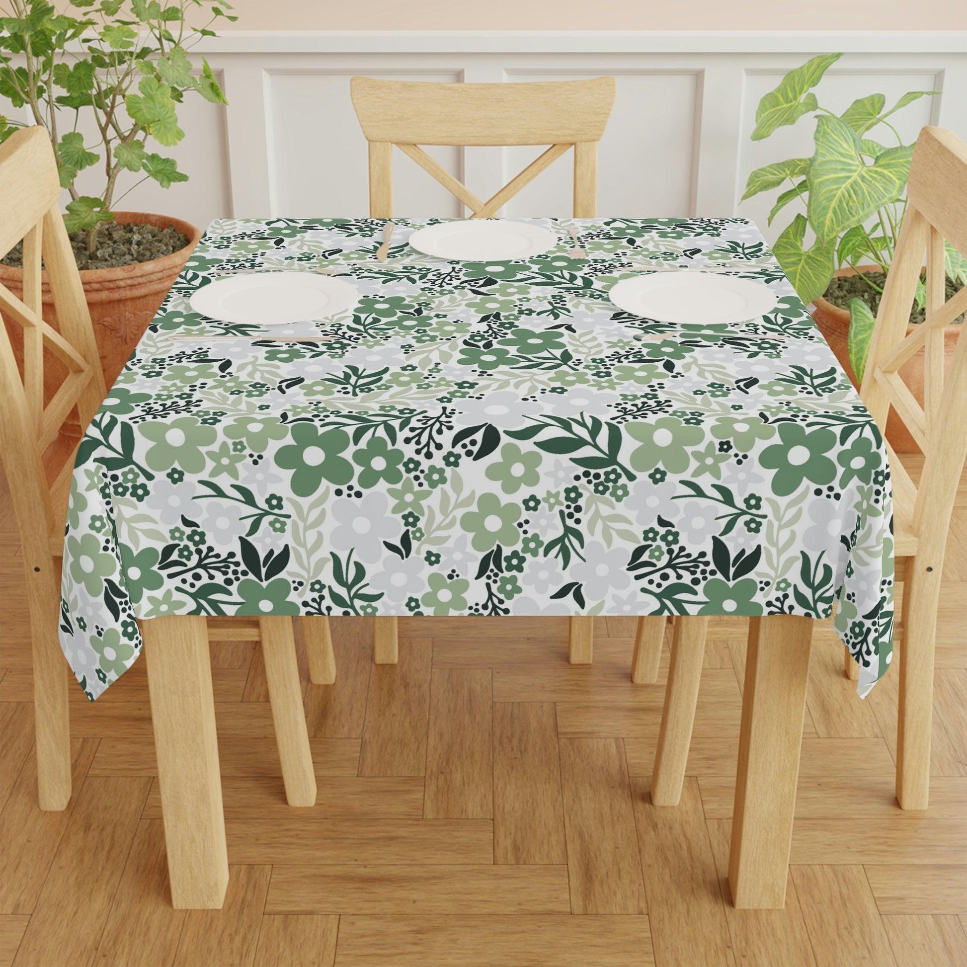Retro Flowers Minimalist Mid Century Shades of Green Tablecloth | lovevisionkarma.com