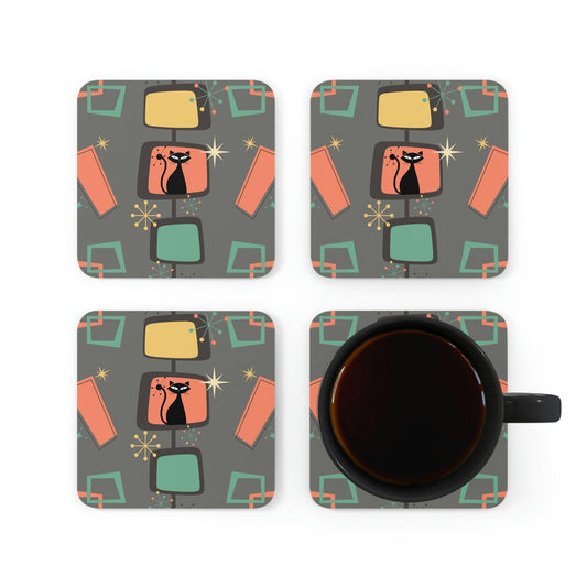 Retro Atomic Cat Mid Century Burst Gray, Coral & Green Coaster Set | lovevisionkarma.com