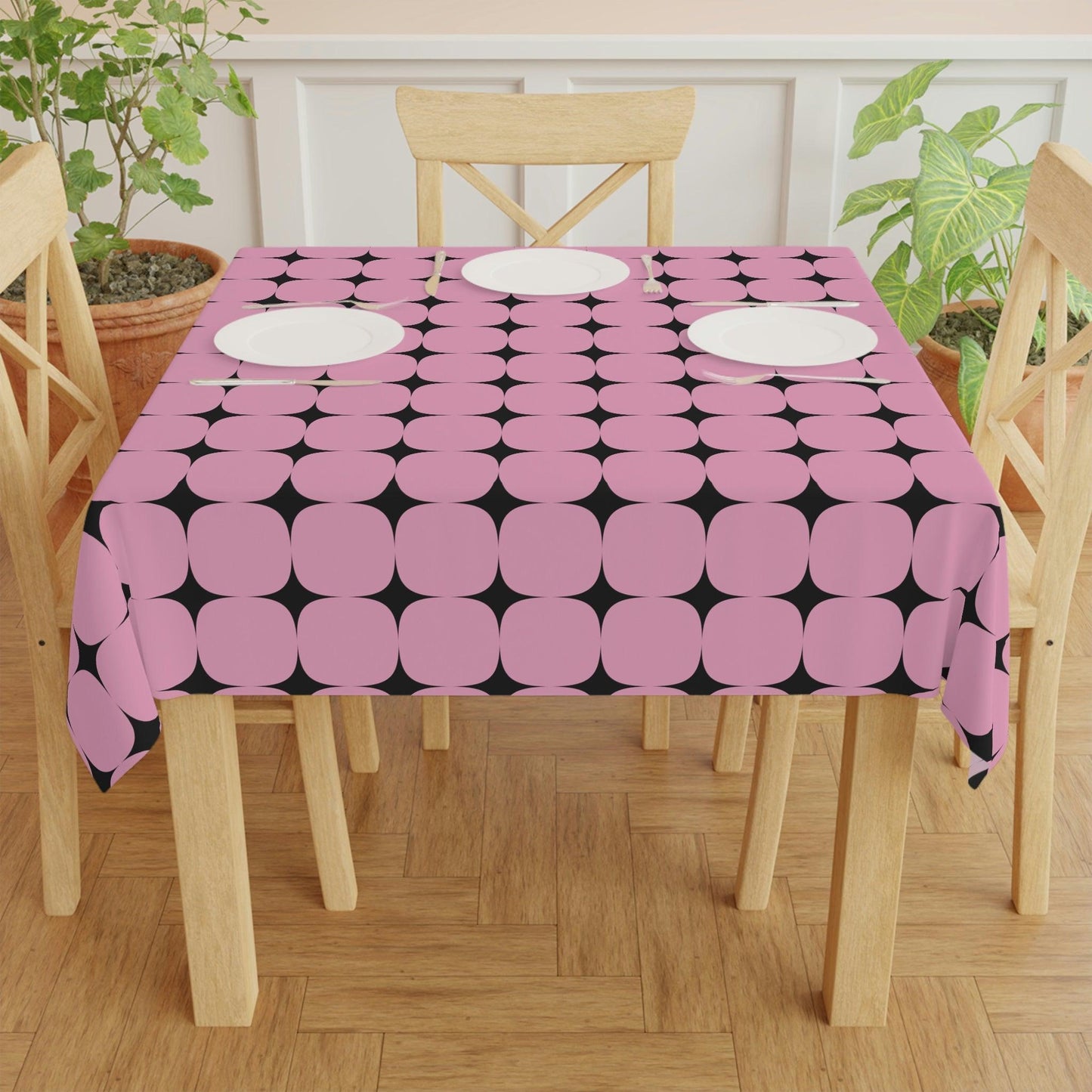 Retro 50s Atomic Starbursts Black and Pink MCM Tablecloth | lovevisionkarma.com