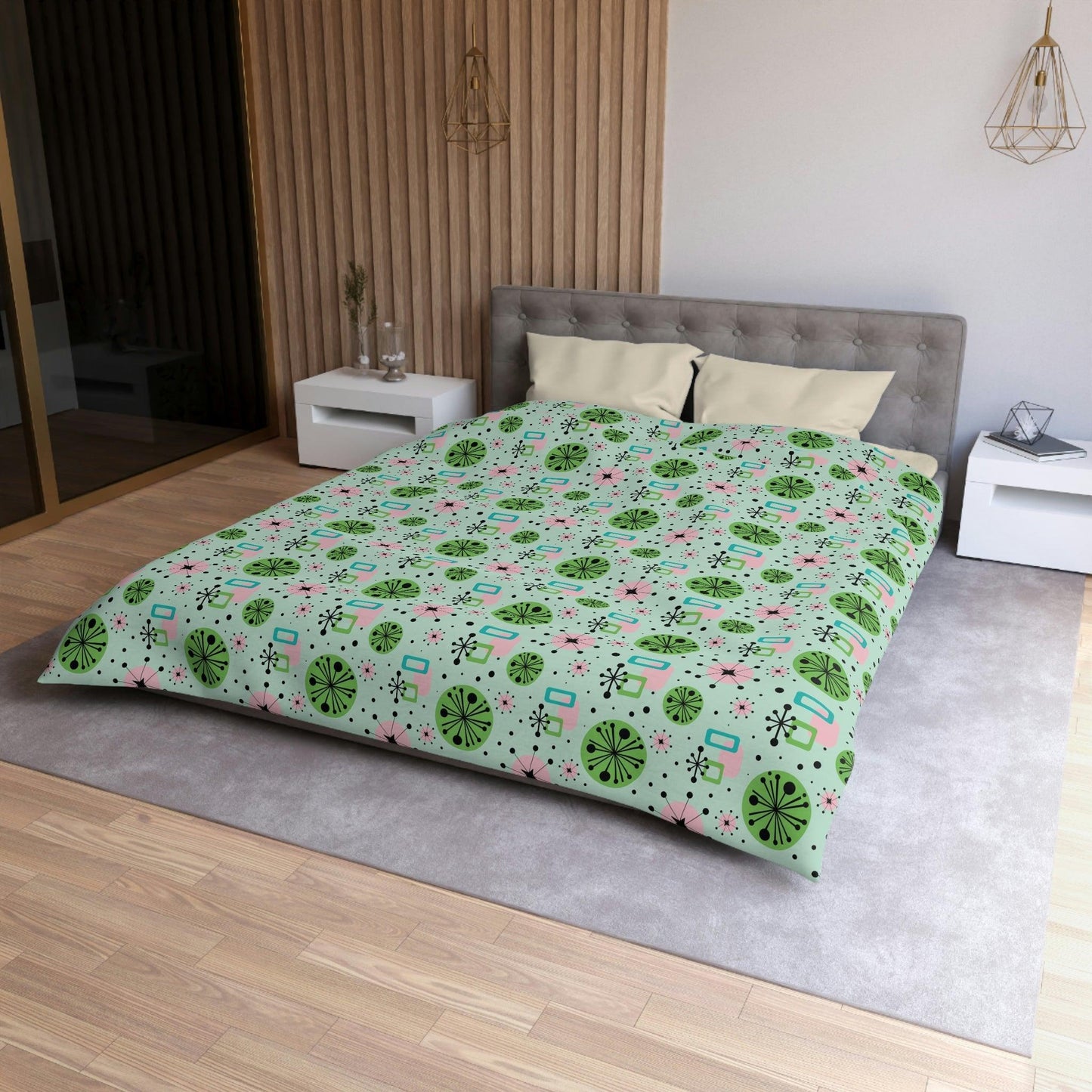 Retro 50s Atomic Burst Mid Century Mod Green, Pink & Blue Duvet Cover | lovevisionkarma.com