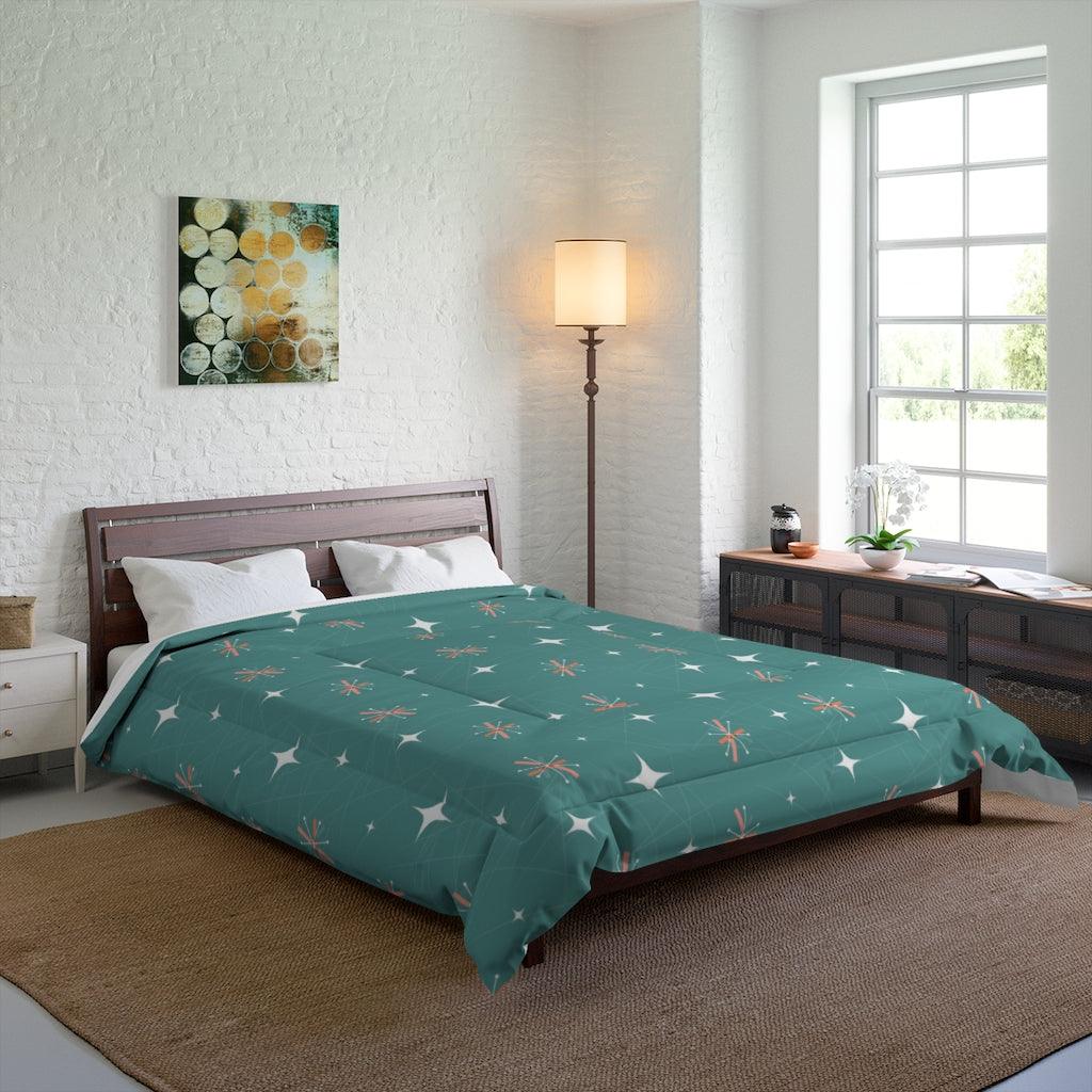 Atomic Burst Mid Century Mod Teal & Pink Comforter | lovevisionkarma.com