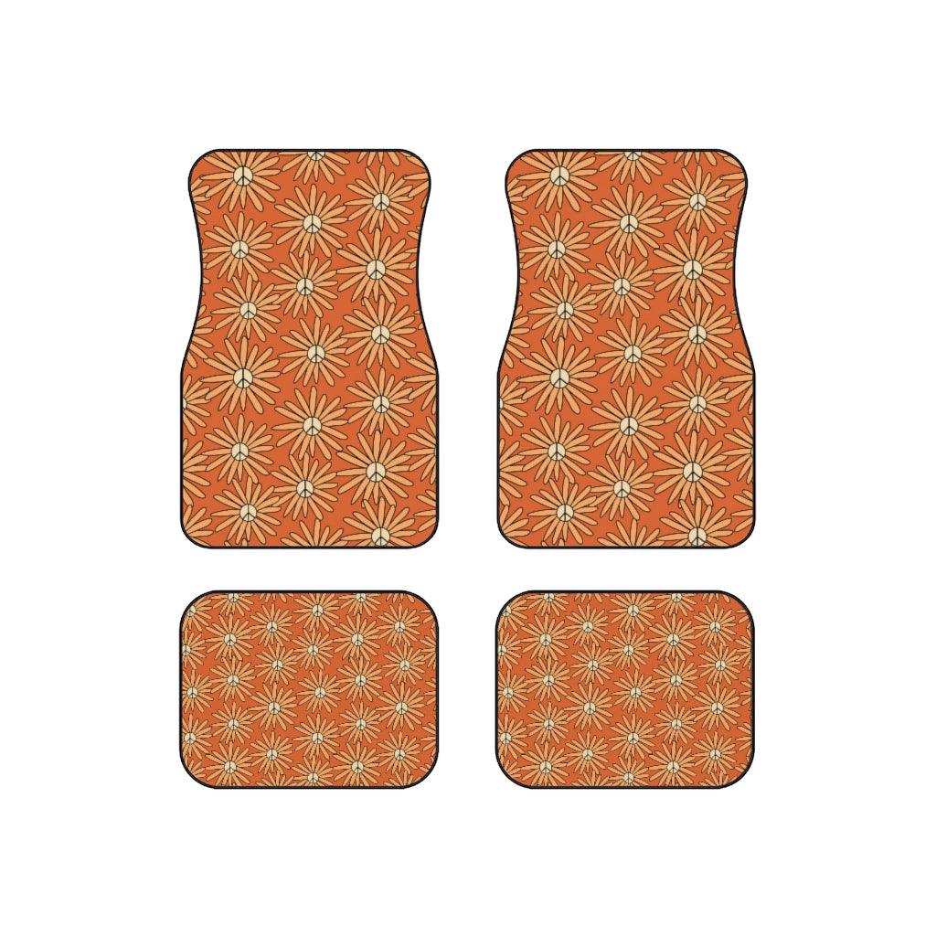 Groovy Boho Peace Sign Daisy Orange & Yellow Car Mats (Set of 4) | lovevisionkarma.com