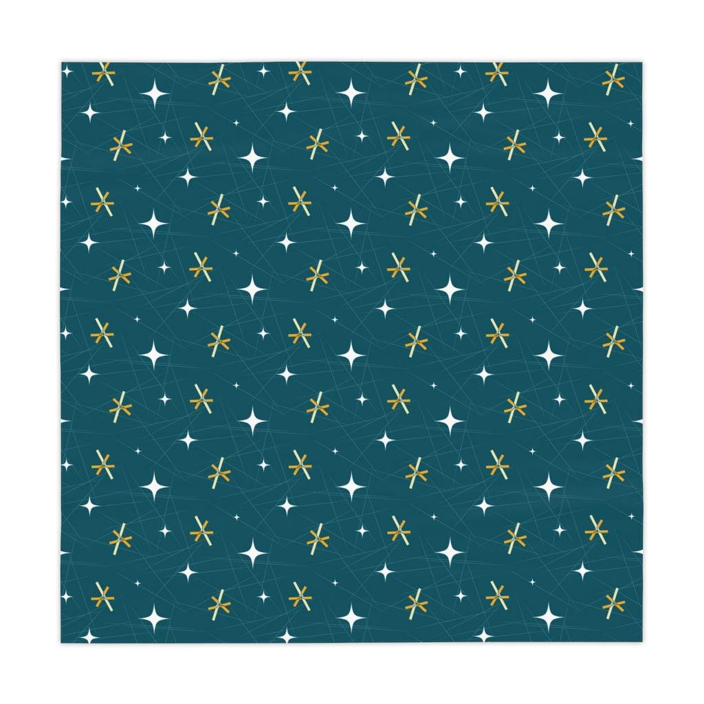 Mid Century Mod Atomic Bursts and Stars Dark Blue Tablecloth | lovevisionkarma.com