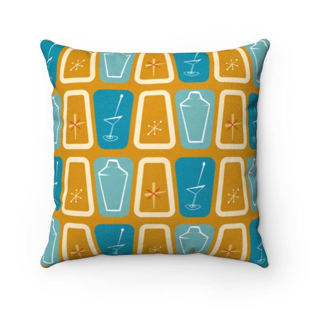 Mid Century Atomic Martinis & Mixers Mustard & Blue Pillow | lovevisionkarma.com