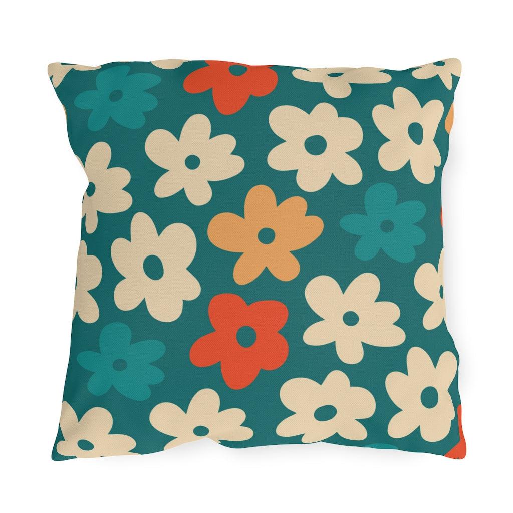 Boho Flowers Orange, Cream and Teal MCM Outdoor Pillow | lovevisionkarma.com