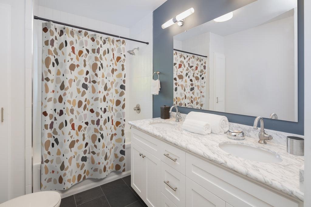 Terrazzo Print Brown Modern Minimalist Shower Curtain | lovevisionkarma.com