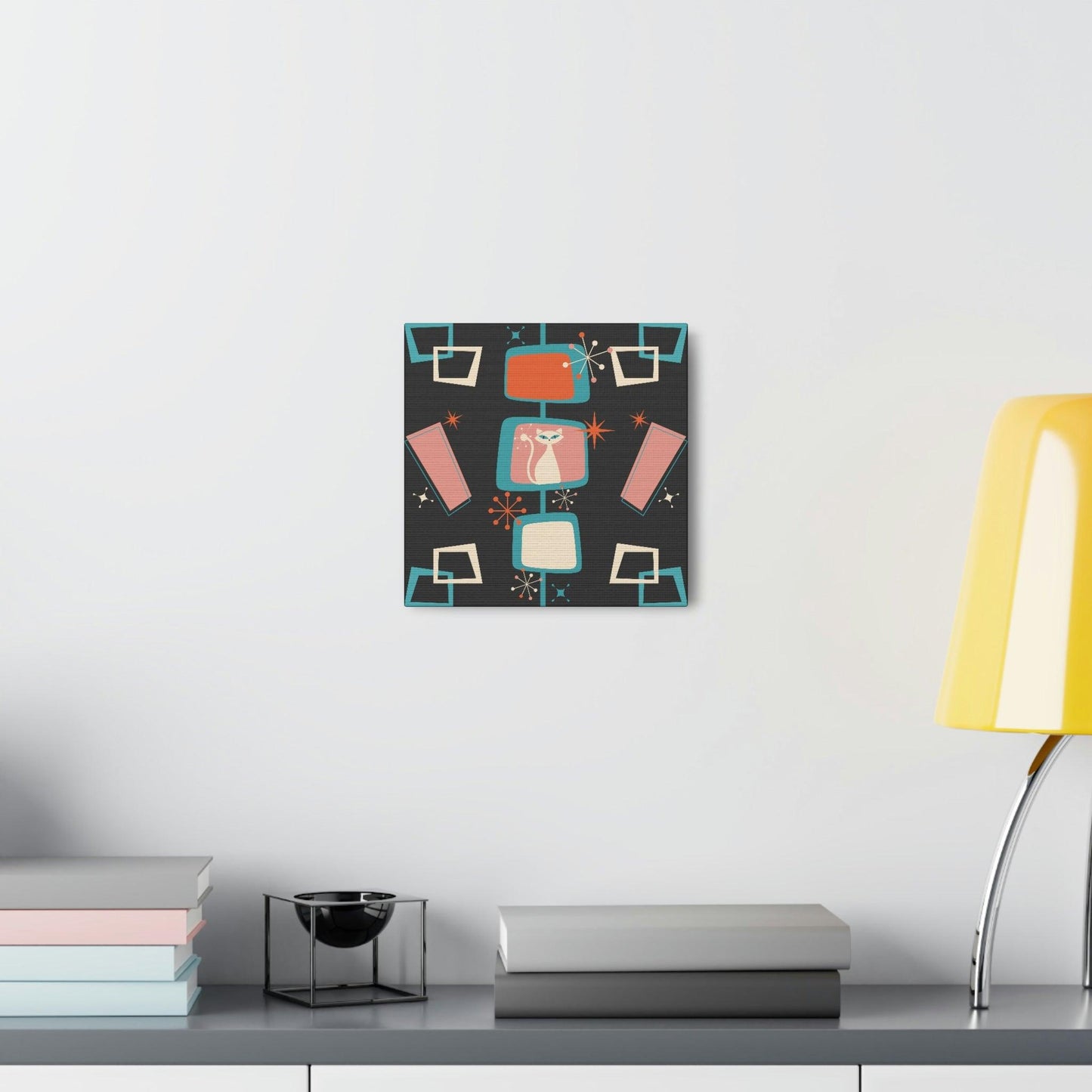 Mid Century Atomic White Cat & Starburst Multicolor Canvas Gallery Wrap | lovevisionkarma.com