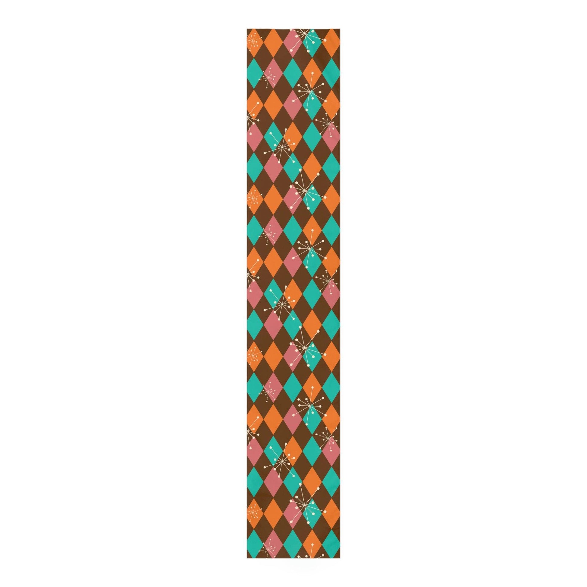 Retro Atomic Starburst Diamonds Mid Century Pink, Orange, Brown Table Runner | lovevisionkarma.com