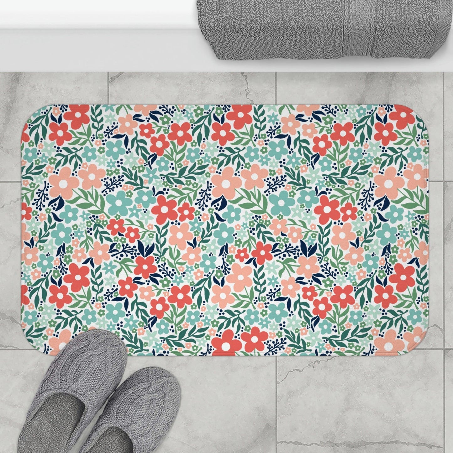 Retro Vintage Inspired Floral Minimalist Cottagecore Coral & Teal Bath Mat | lovevisionkarma.com