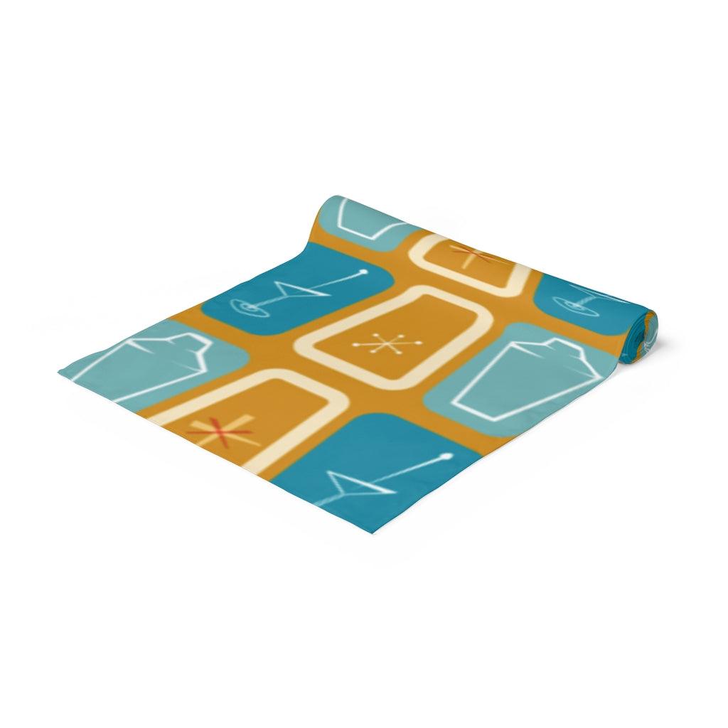 Atomic Mid Century Table Runner, Martinis & Shakers, Blue & Yellow Retro Table Linens | lovevisionkarma.com