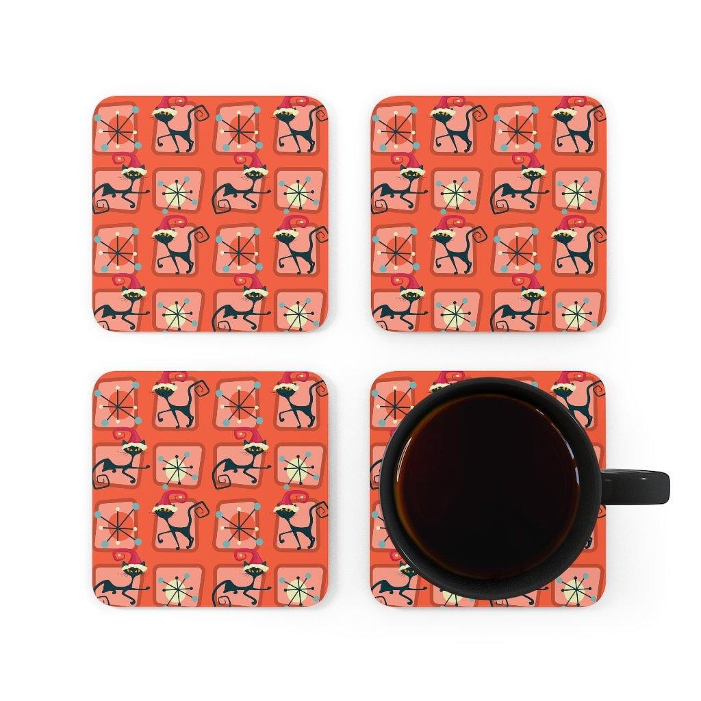 Retro Christmas MCM Atomic Cat Red Coaster Set | lovevisionkarma.com
