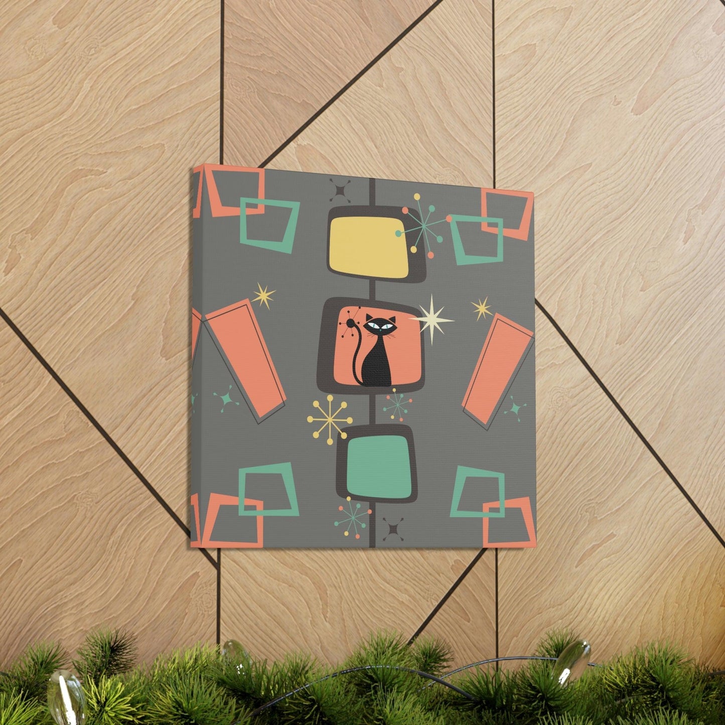 Retro Atomic Cat Mid Century Burst Chic Coral & Gray Canvas Gallery Wrap | lovevisionkarma.com