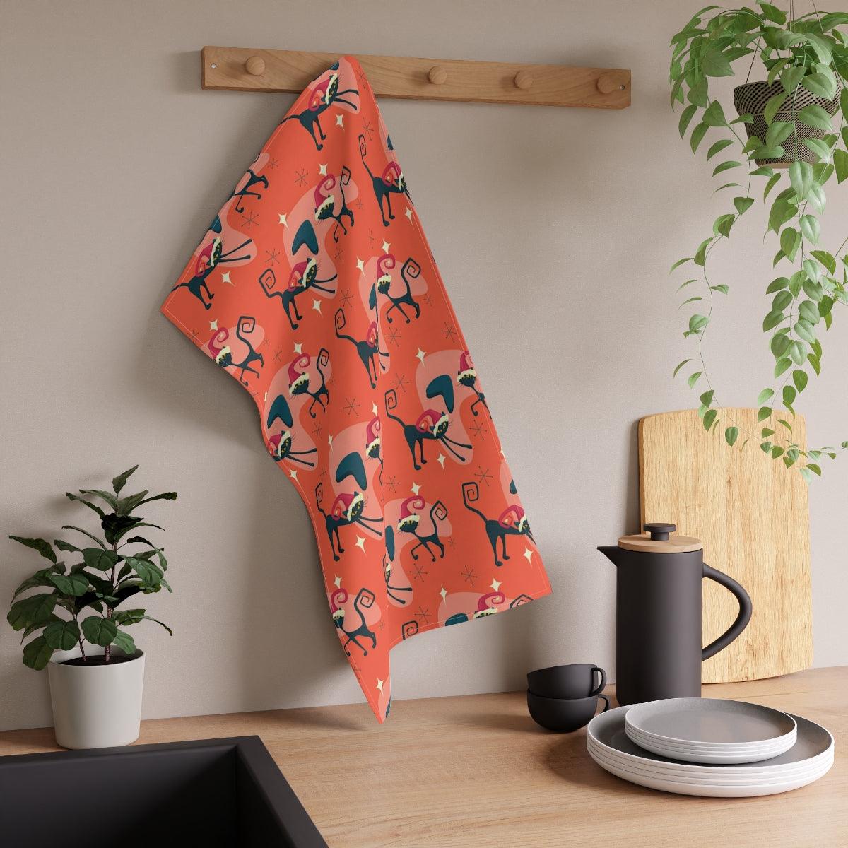 Atomic Black Cats in Santa Hats MCM Red Christmas Tea Towel | lovevisionkarma.com